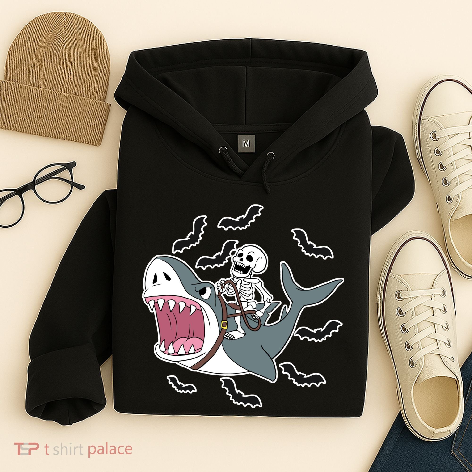 Skeleton Riding Shark Funny Halloween Hoodie