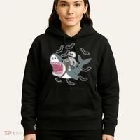 Skeleton Riding Shark Funny Halloween Hoodie thumb 5