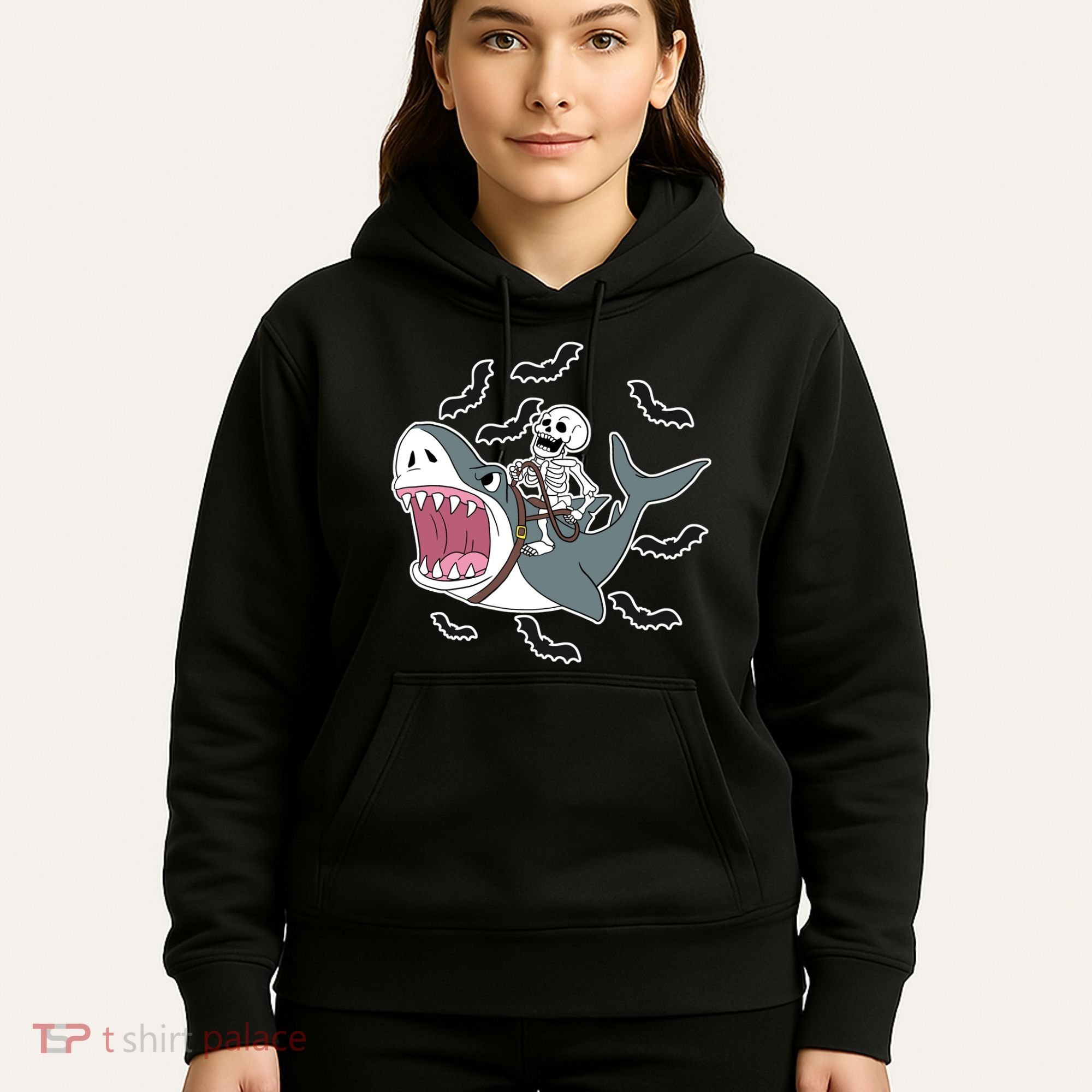 Skeleton Riding Shark Funny Halloween Hoodie