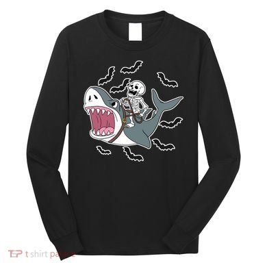 Skeleton Riding Shark Funny Halloween Long Sleeve Shirt