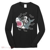 Skeleton Riding Shark Funny Halloween Long Sleeve Shirt thumb 0
