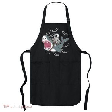 Skeleton Riding Shark Funny Halloween Apron