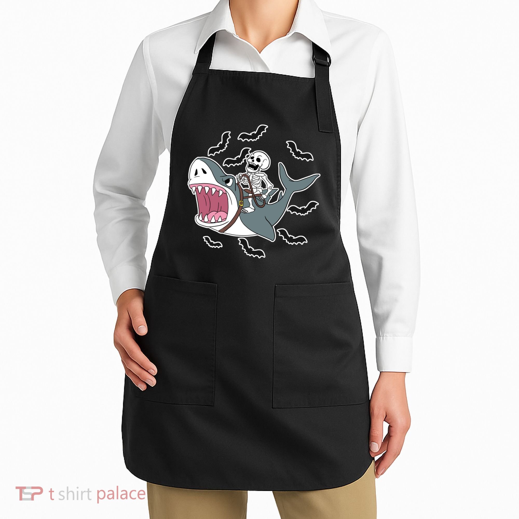 Skeleton Riding Shark Funny Halloween Apron