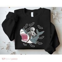 Skeleton Riding Shark Funny Halloween Sweatshirt thumb 2