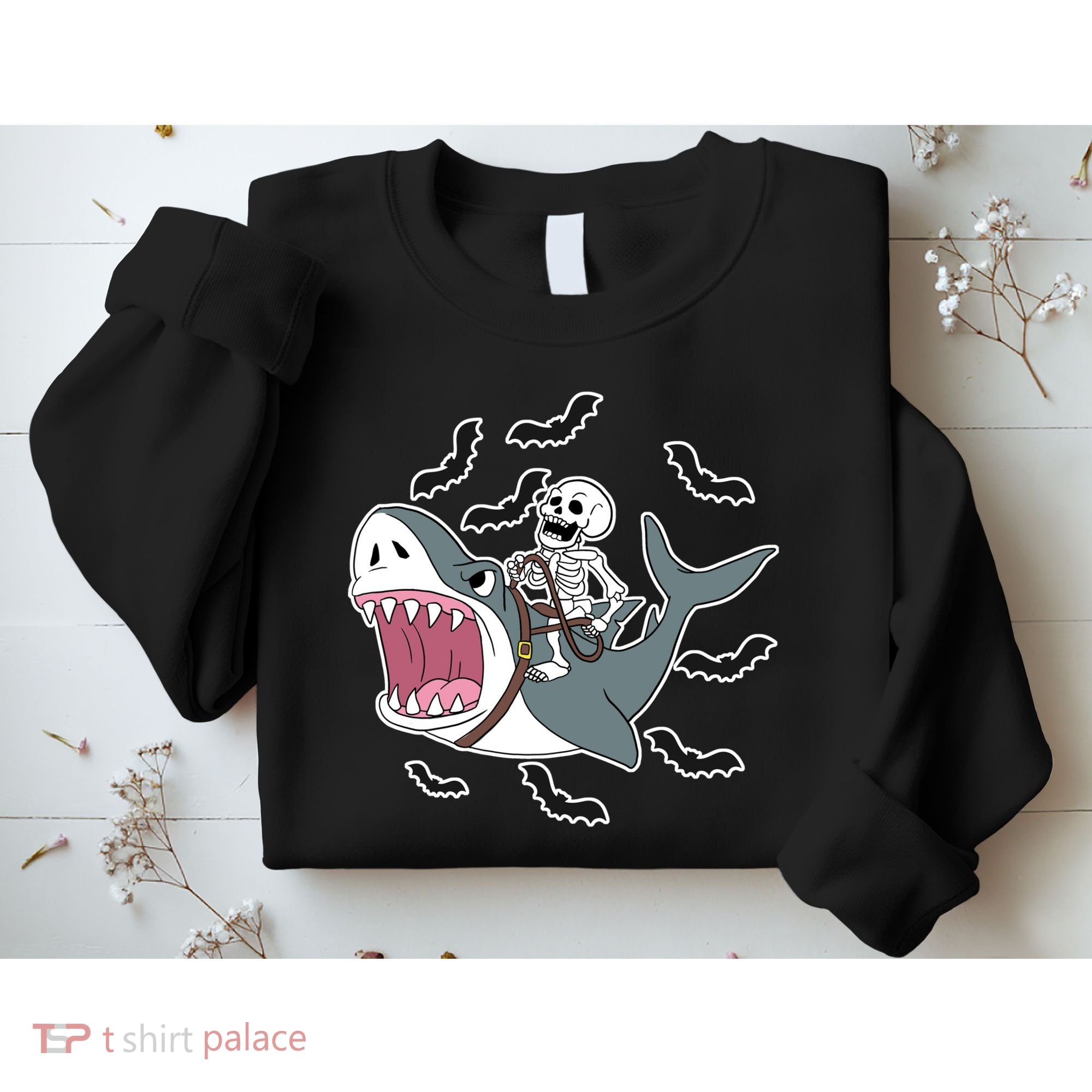 Skeleton Riding Shark Funny Halloween Sweatshirt