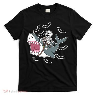 Skeleton Riding Shark Funny Halloween T-Shirt