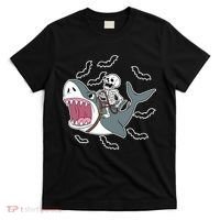 Skeleton Riding Shark Funny Halloween T-Shirt thumb 0