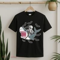 Skeleton Riding Shark Funny Halloween T-Shirt thumb 2