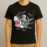 Skeleton Riding Shark Funny Halloween T-Shirt thumb 3