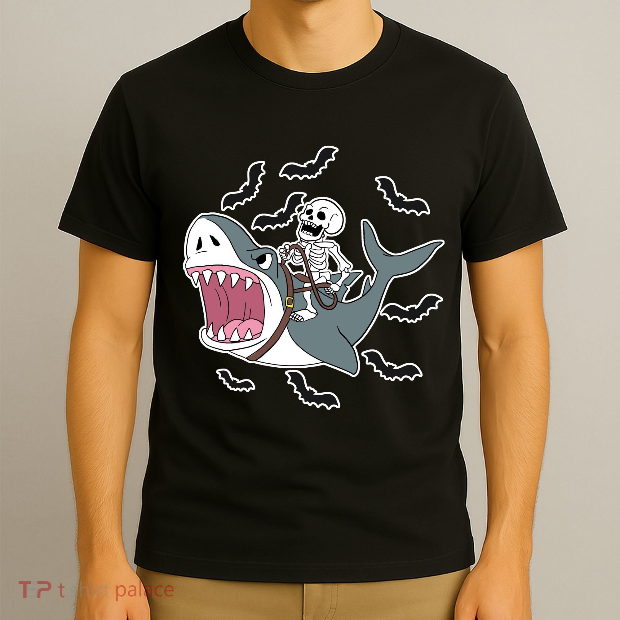 Skeleton Riding Shark Funny Halloween T-Shirt