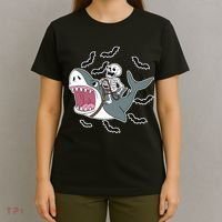 Skeleton Riding Shark Funny Halloween T-Shirt thumb 4