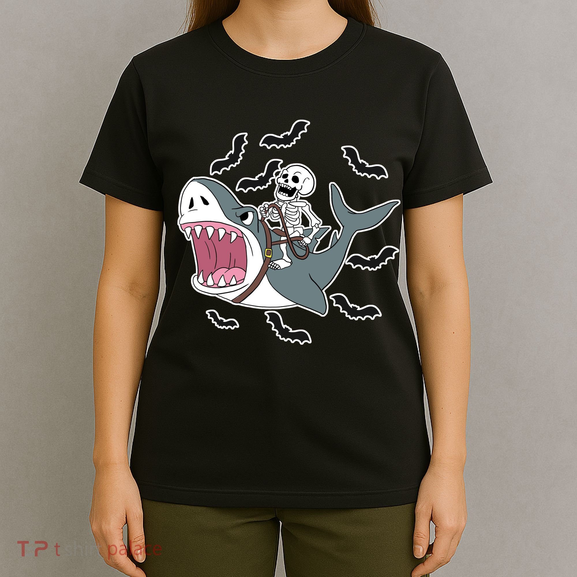 Skeleton Riding Shark Funny Halloween T-Shirt