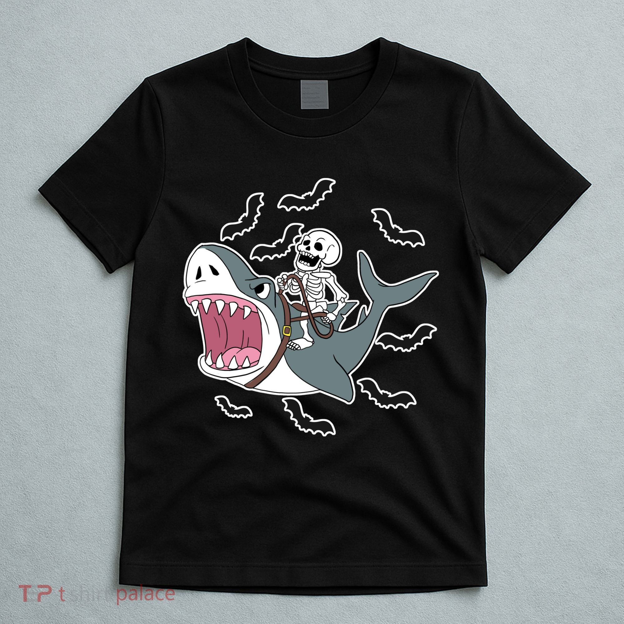 Skeleton Riding Shark Funny Halloween T-Shirt