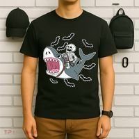 Skeleton Riding Shark Funny Halloween T-Shirt thumb 6