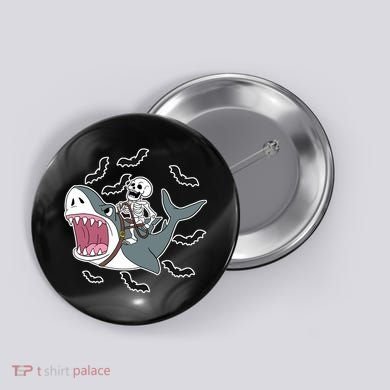 Skeleton Riding Shark Funny Halloween Button