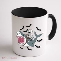 Skeleton Riding Shark Funny Halloween Coffee Mug thumb 1