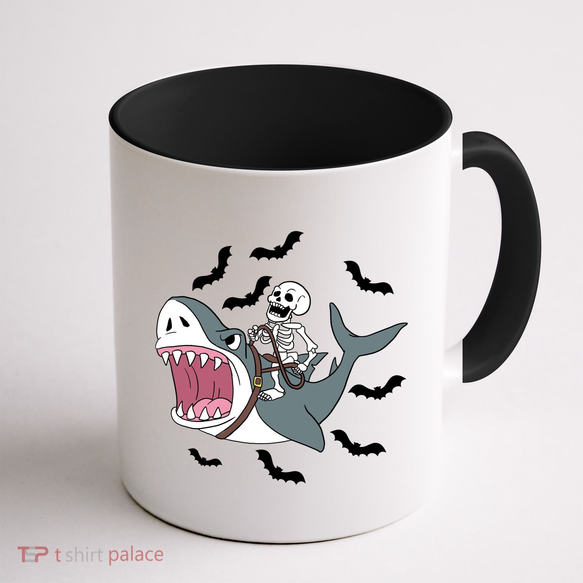 Skeleton Riding Shark Funny Halloween Coffee Mug