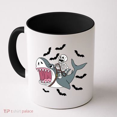Skeleton Riding Shark Funny Halloween Coffee Mug