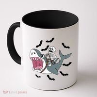 Skeleton Riding Shark Funny Halloween Coffee Mug thumb 0