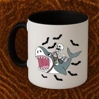 Skeleton Riding Shark Funny Halloween Coffee Mug thumb 2