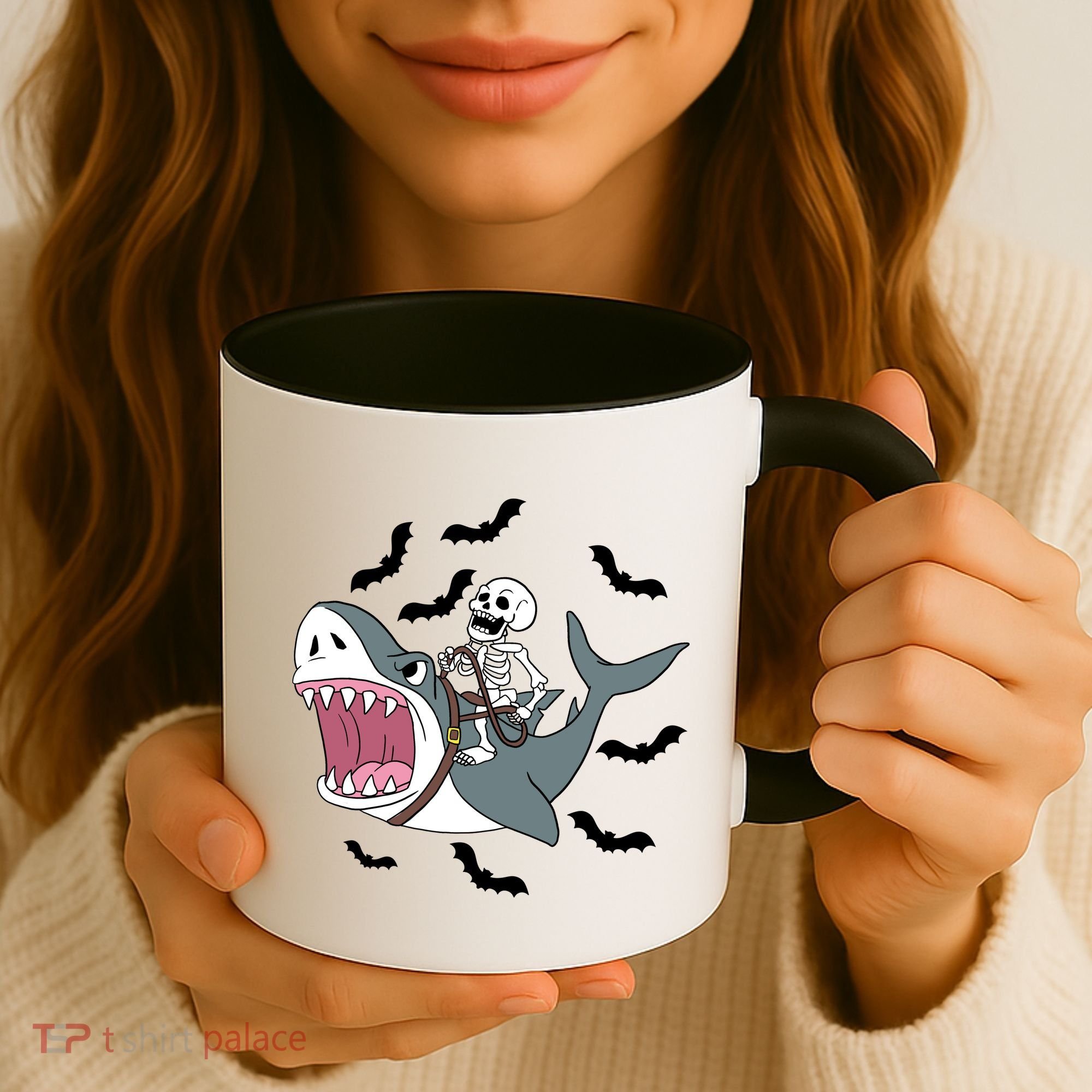 Skeleton Riding Shark Funny Halloween Coffee Mug