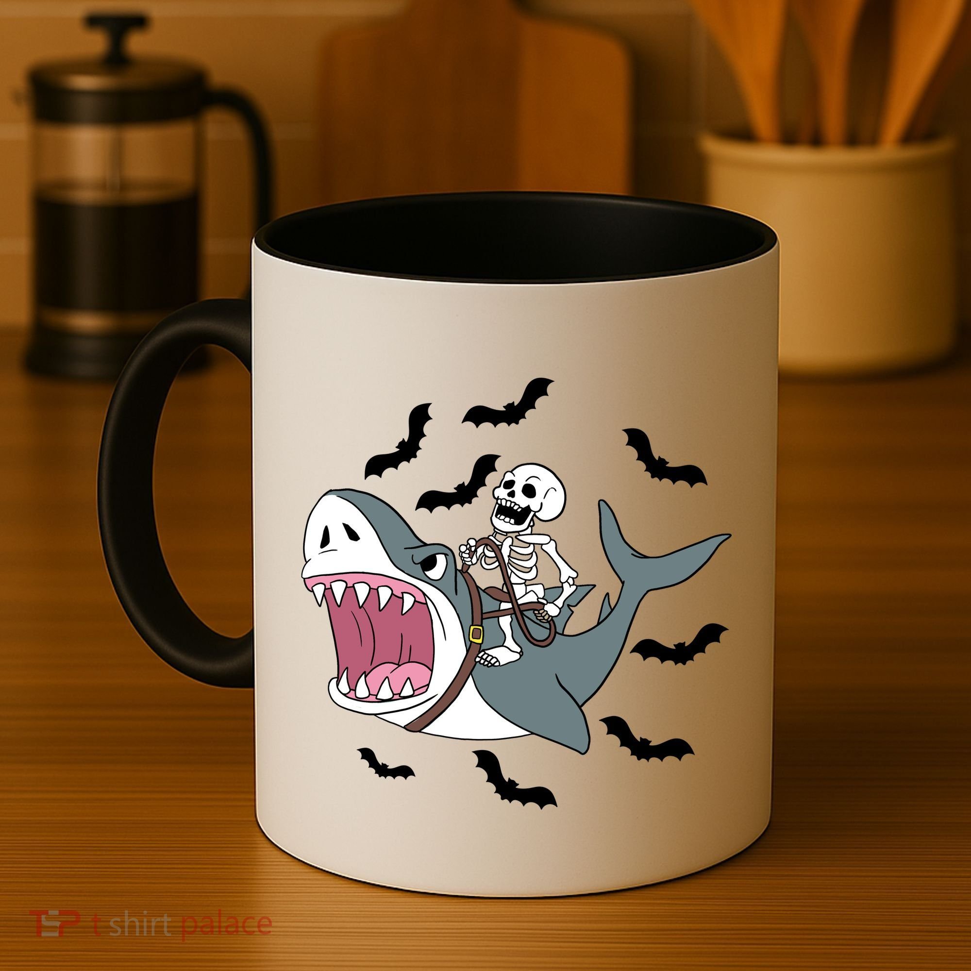 Skeleton Riding Shark Funny Halloween Coffee Mug