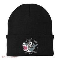 Skeleton Riding Shark Funny Halloween Beanie thumb 0