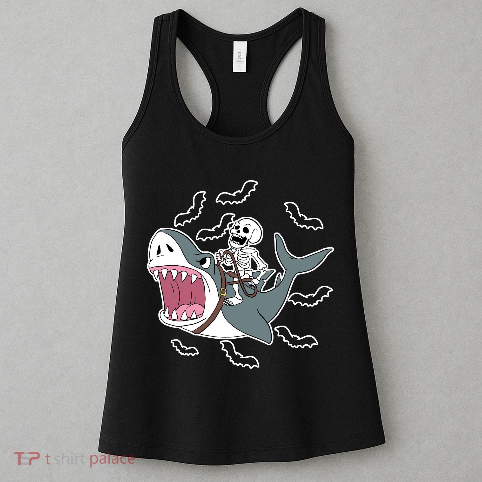 Skeleton Riding Shark Funny Halloween Women's Tank Top