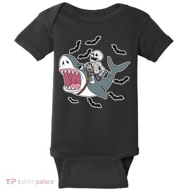 Skeleton Riding Shark Funny Halloween Baby Bodysuit