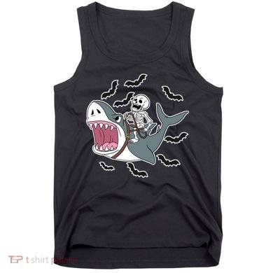 Skeleton Riding Shark Funny Halloween Tank Top