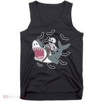 Skeleton Riding Shark Funny Halloween Tank Top thumb 0