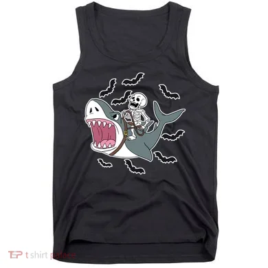 Skeleton Riding Shark Funny Halloween Tank Top