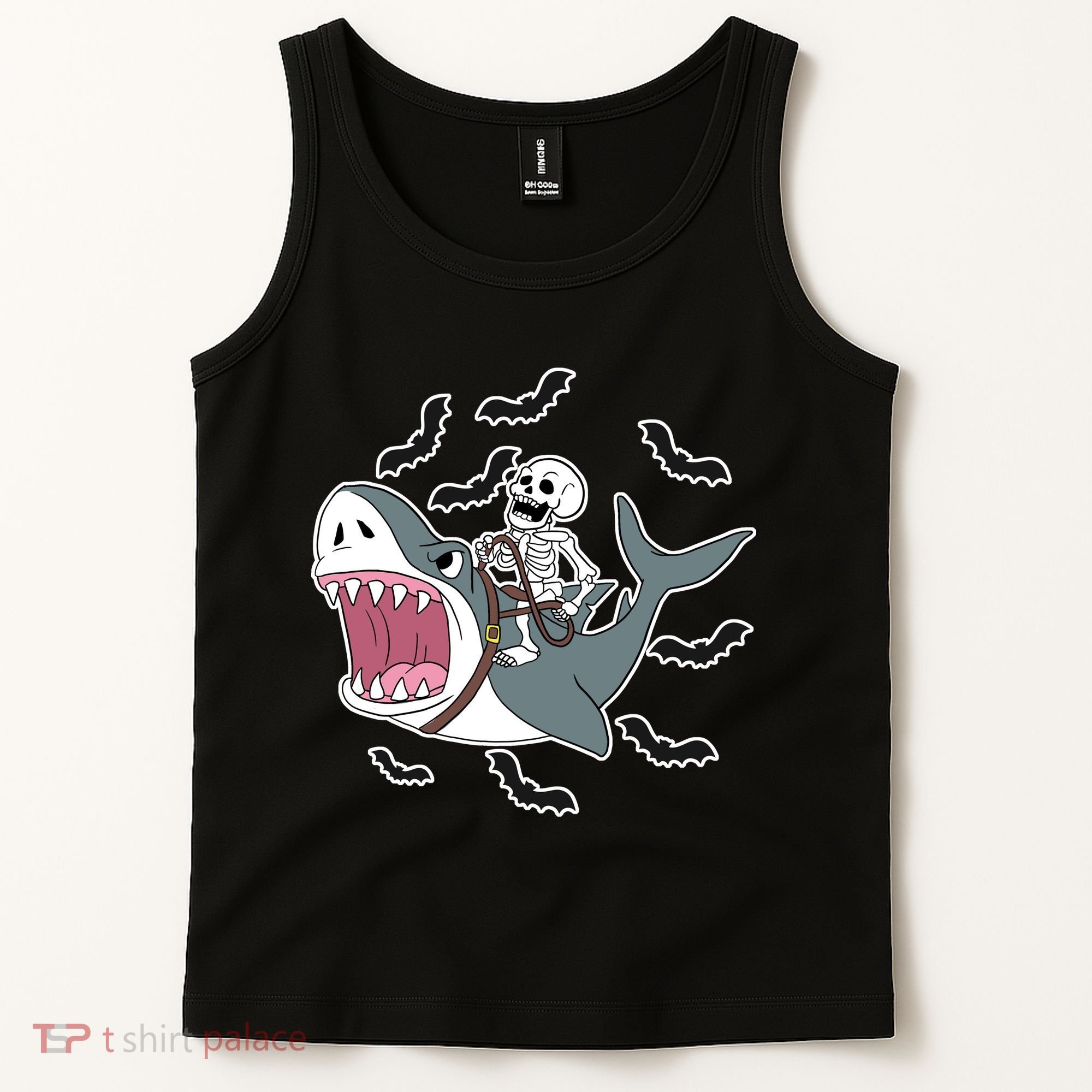 Skeleton Riding Shark Funny Halloween Tank Top