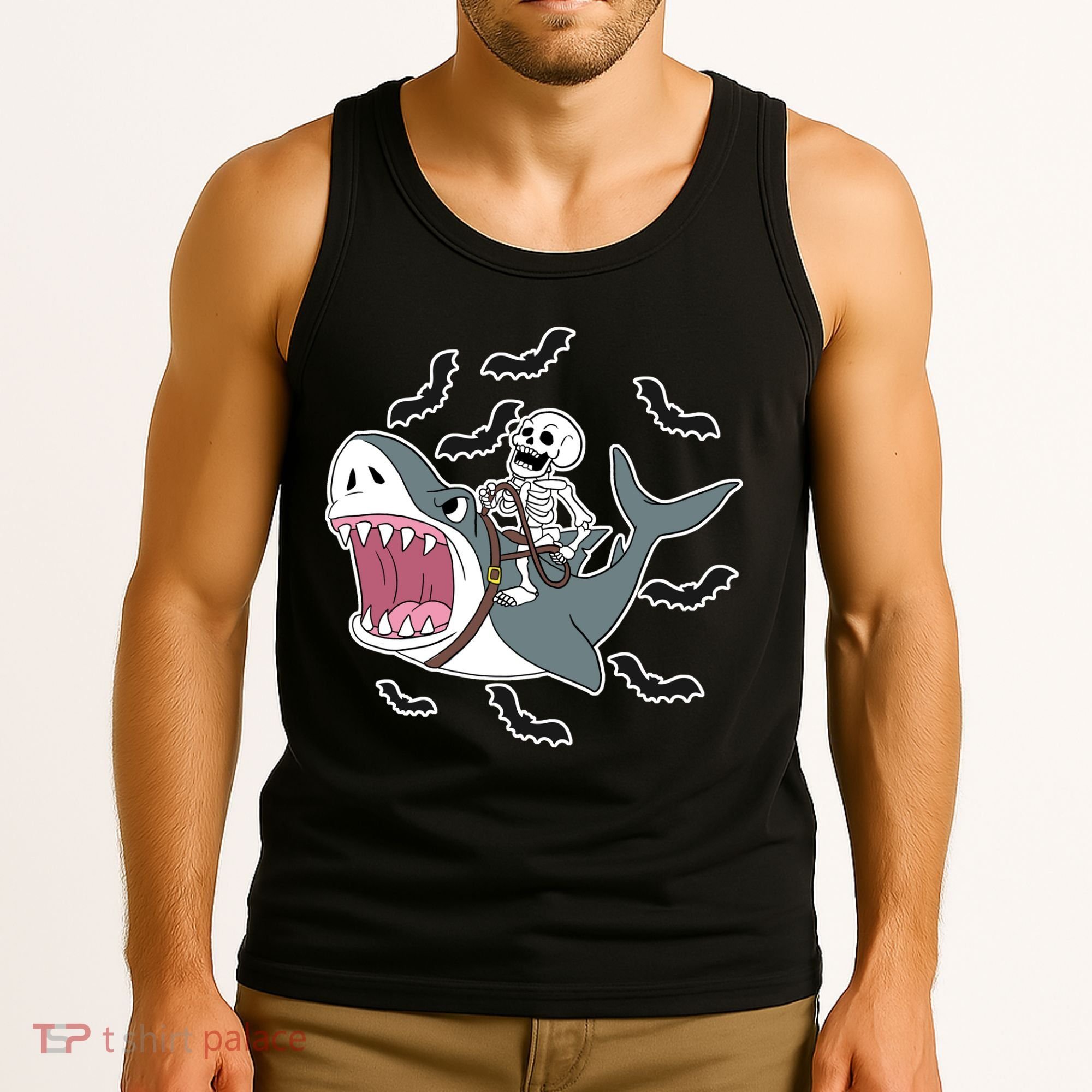 Skeleton Riding Shark Funny Halloween Tank Top
