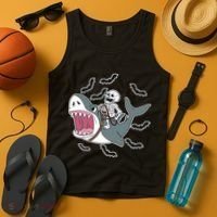 Skeleton Riding Shark Funny Halloween Tank Top thumb 4