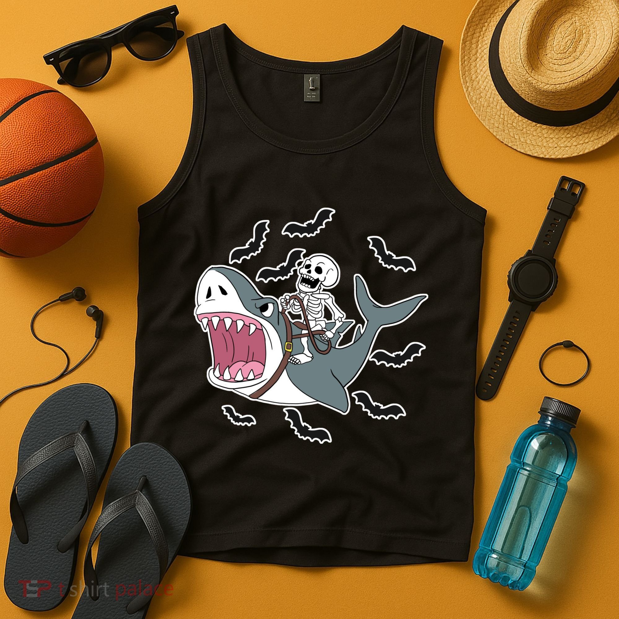 Skeleton Riding Shark Funny Halloween Tank Top