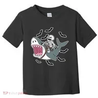 Skeleton Riding Shark Funny Halloween Toddler T-Shirt thumb 0