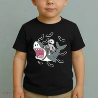 Skeleton Riding Shark Funny Halloween Toddler T-Shirt thumb 2