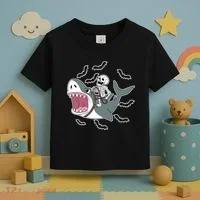 Skeleton Riding Shark Funny Halloween Toddler T-Shirt thumb 3
