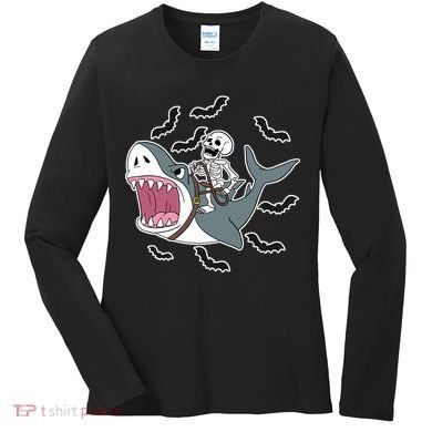 Skeleton Riding Shark Funny Halloween Women's Long Sleeve Shirt