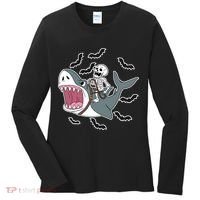Skeleton Riding Shark Funny Halloween Women's Long Sleeve Shirt thumb 0