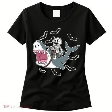 Skeleton Riding Shark Funny Halloween Women's T-Shirt