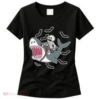 Skeleton Riding Shark Funny Halloween Women's T-Shirt thumb 0