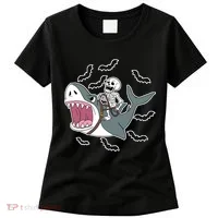 Skeleton Riding Shark Funny Halloween Women's T-Shirt thumb 0