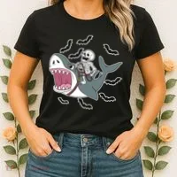 Skeleton Riding Shark Funny Halloween Women's T-Shirt thumb 2