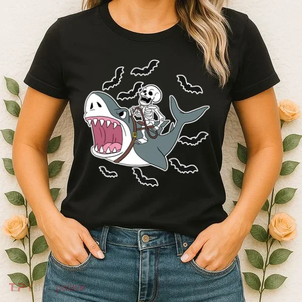 Skeleton Riding Shark Funny Halloween Women's T-Shirt