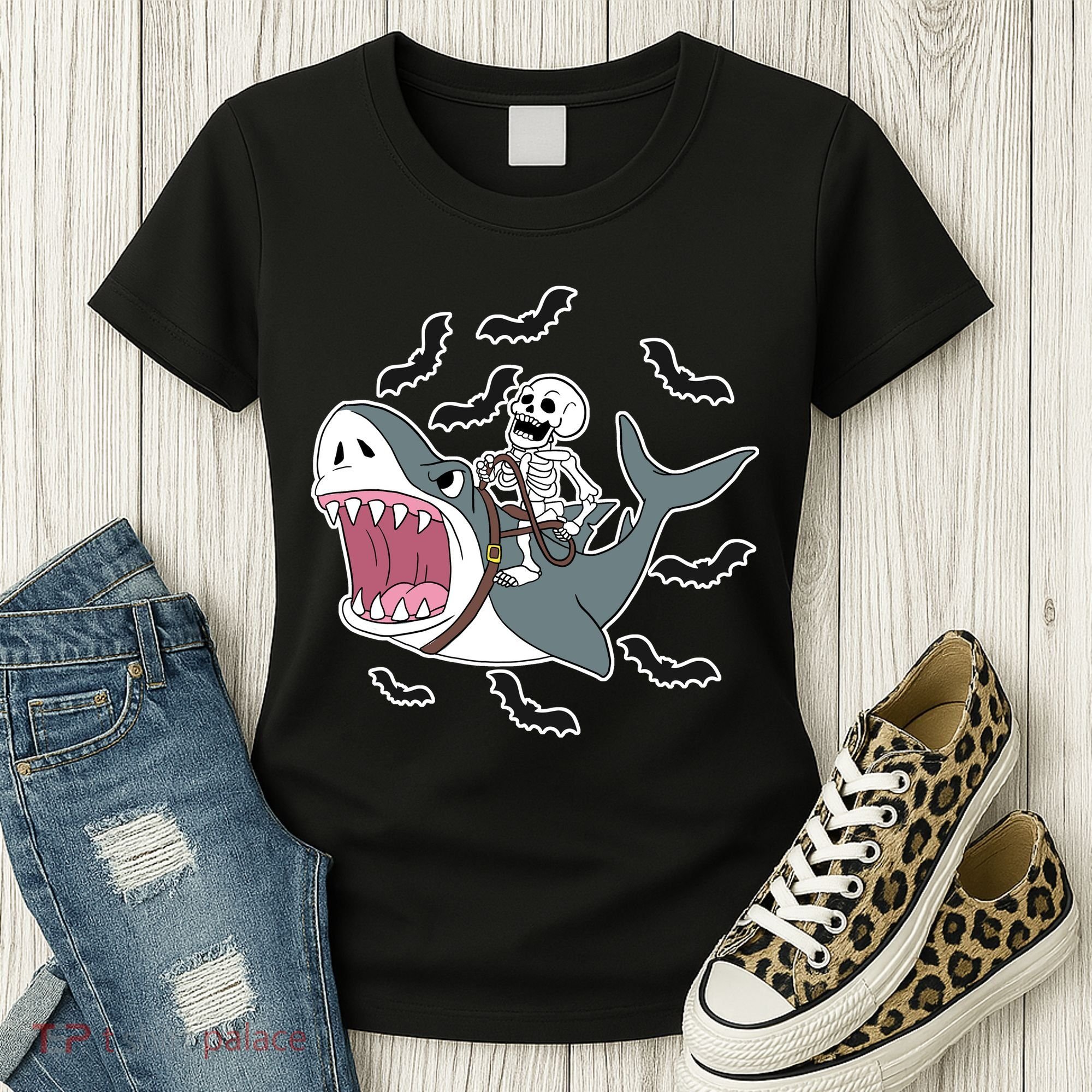 Skeleton Riding Shark Funny Halloween Women's T-Shirt