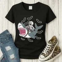 Skeleton Riding Shark Funny Halloween Women's T-Shirt thumb 3
