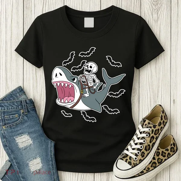 Skeleton Riding Shark Funny Halloween Women's T-Shirt