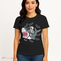 Skeleton Riding Shark Funny Halloween Women's T-Shirt thumb 4